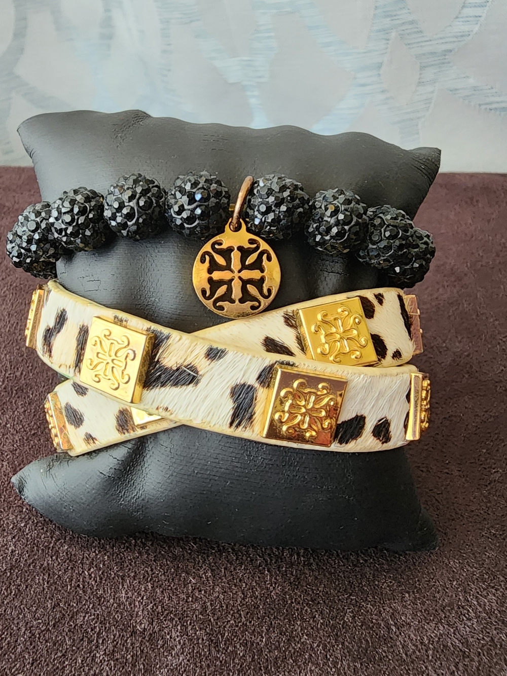Rustic Cuff Black Beaded and Gold-Tone Leopard Print Bracelet Set
